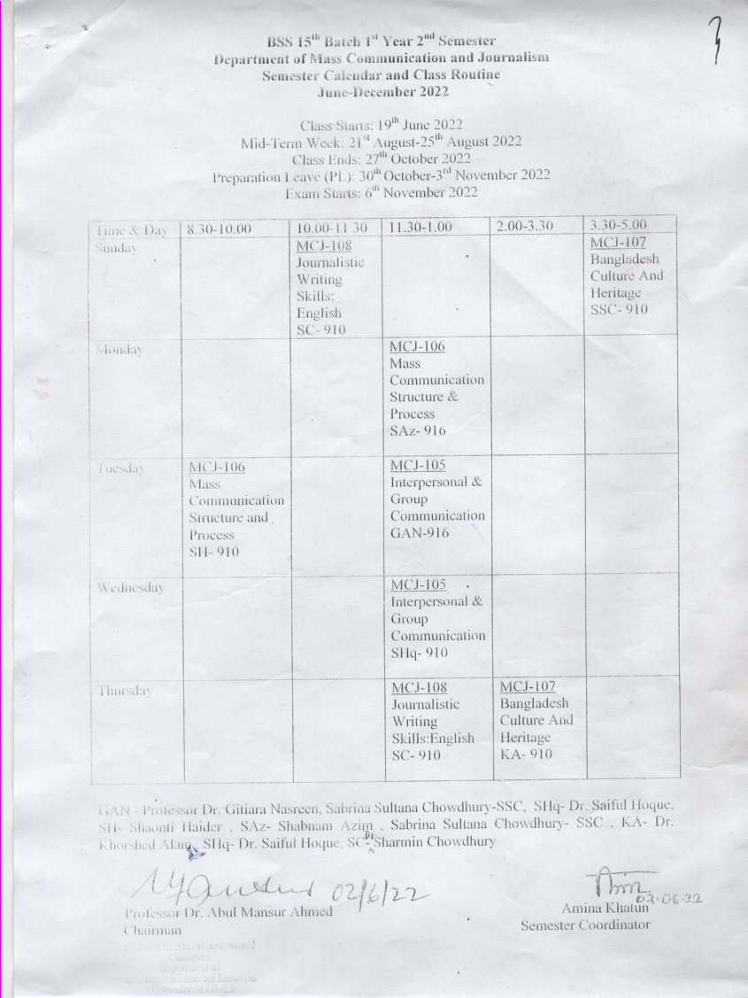 BSS Class Routine BSS Class Routine